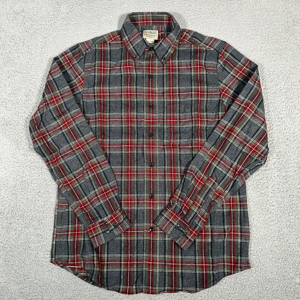 LL Bean Shirt Mens Size Small Red‎ Gray Scotch Plaid Flannel Button Down Outdoor